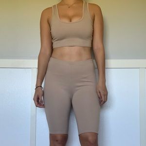 Beige Biker Shorts + Crop Top Matching Set